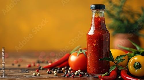 Spicy Hot Sauce Bottle with Fresh Ingredients on Wooden Table