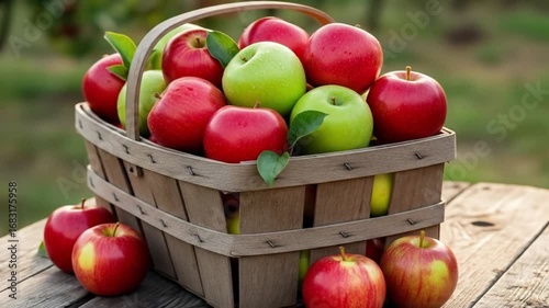 Juicy Red and Green Apples in Rustic Wooden Basket