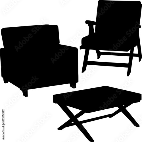 "Artistic black silhouette of a modern furniture set with lounge chairs and a coffee table on a white backdrop."