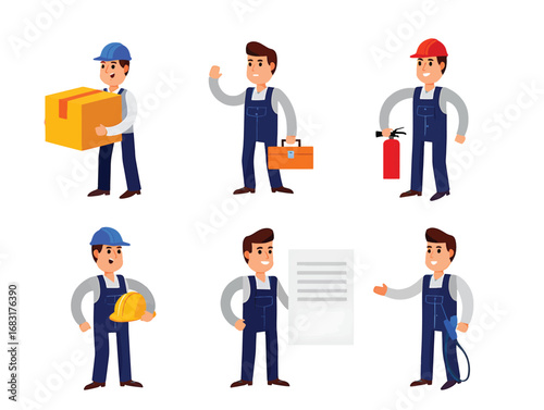 Set of Cartoon Construction Workers in Various Poses
