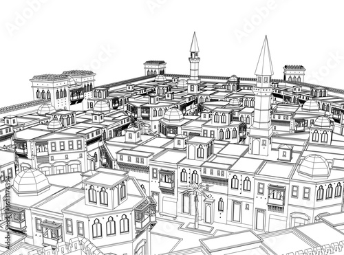 Arabic cityscape contour drawing features a detailed mosque and buildings sketched against a stark white background.