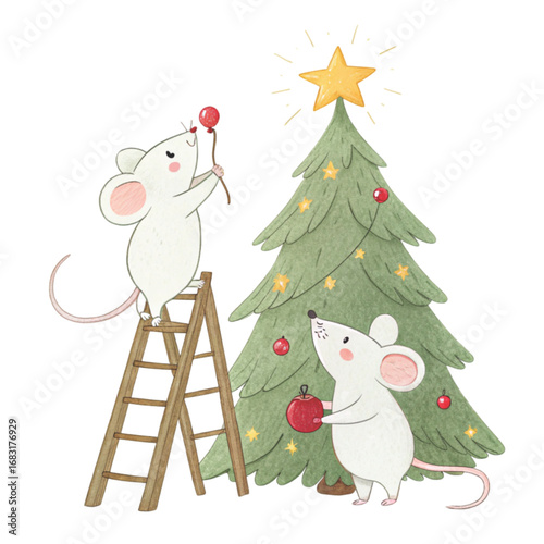 A cute watercolor illustration of two white mice decorating a Christmas tree. One mouse is standing on a wooden ladder White Background