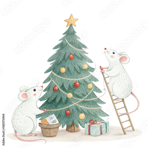 A cute watercolor illustration of two white mice decorating a Christmas tree. One mouse is standing on a wooden ladder White Background