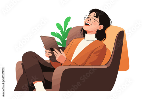 A woman sitting on a chair while using a tablet and laughing happily. The background has a touch of plant