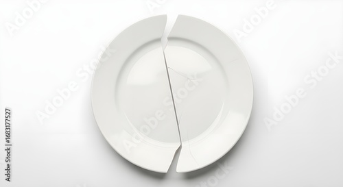 Fragile white plate shattered into two pieces on a clean white background representing failure or accident
