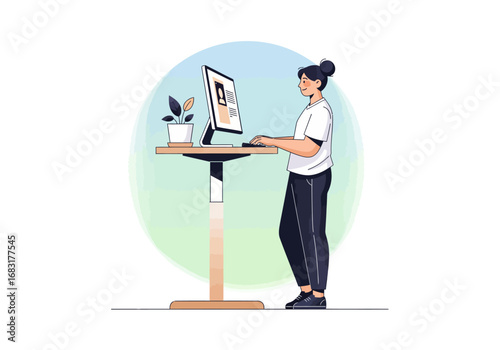 Woman working on a computer standing up in home office setting