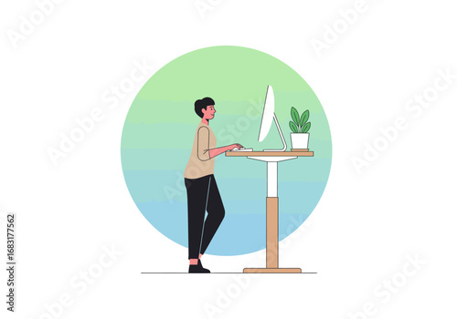 A person working on a standing desk. A sleek and modern home office setup with a person standing at a desk. This setup allows for comfort and productivity 