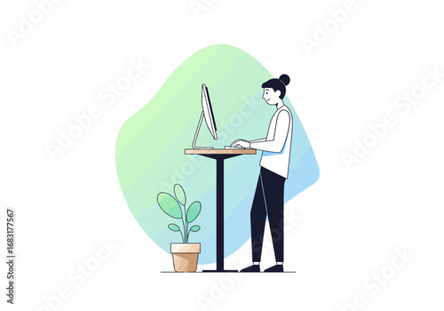 A person working diligently at a standing desk, fostering productivity and well-being
