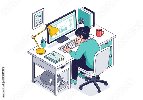 A person working at a desk with a computer, a cat, and office supplies. The scene evokes a sense of productivity and concentration