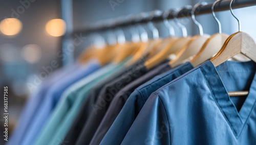 Medical scrubs on hangers in a shop