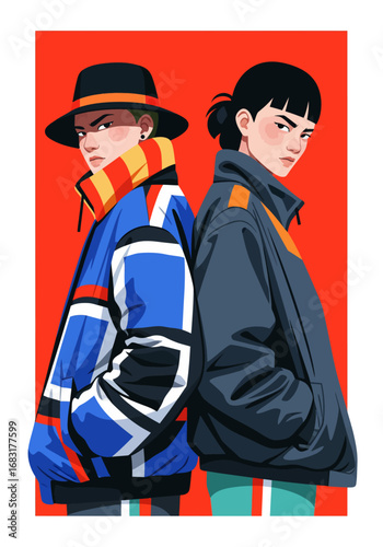 Two stylish individuals stand back-to-back against a bold, red background. Both figures exude confidence and modern style.