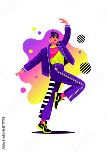 A Stylish Woman in Modern Fashion, Posing with Grace and Flair. The artistic design features an eye-catching blend of vibrant colors and abstract shapes, creating a visually captivating image