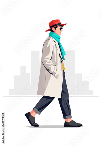 A stylishly dressed man strolling in the city, exuding a sense of confidence and fashion-forward elegance. He is wearing a red hat, scarf, and sunglasses