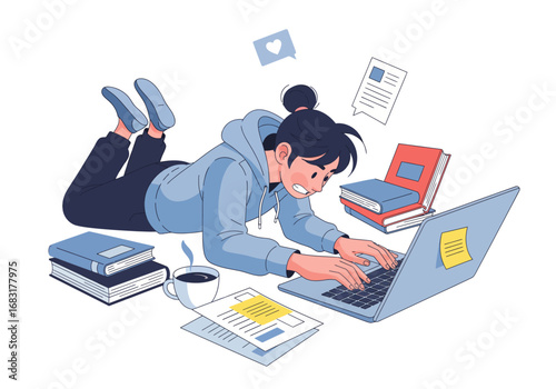 A young individual engrossed in work, surrounded by books and a laptop, focused on the task at hand