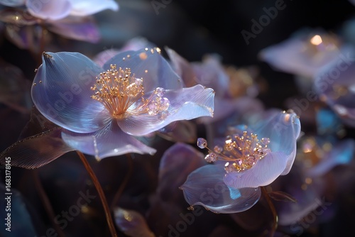 Fototapeta Naklejka Na Ścianę i Meble -  Surreal crystal flowers transparent petals sparkling glass like textures in fantasy garden environment