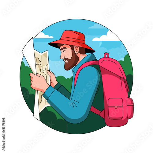 A man, equipped with a map and backpack, embarks on a hiking adventure