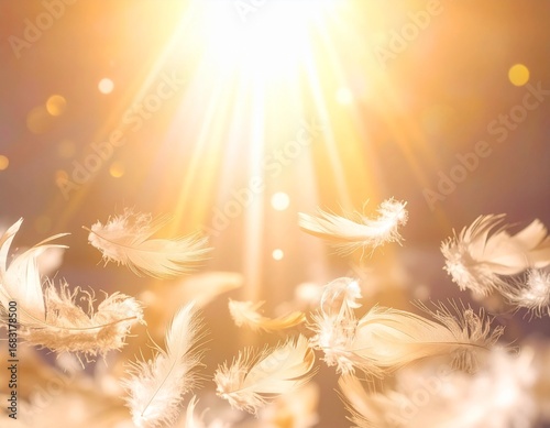 神秘的な黄金の光が降り注ぐ様子　天使の羽が舞う　神聖　スピリチュアル　癒しのエネルギー