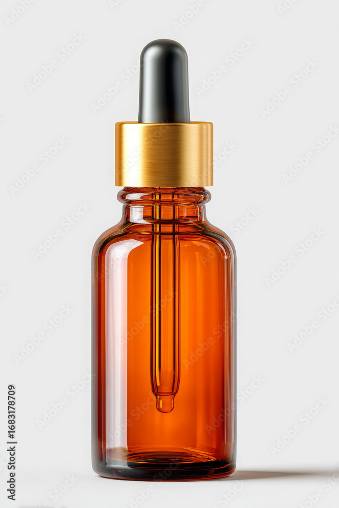 Fototapeta premium Amber glass dropper bottle for minimalist skincare. Product holds essential oils, evoking