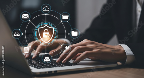 Person using laptop with cybersecurity and data protection icons