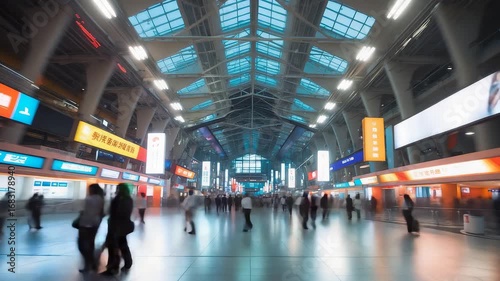 Wallpaper Mural Busy modern train station interior with glass ceiling bright lights information signs and motion blurred commuters walking across spacious hall Torontodigital.ca