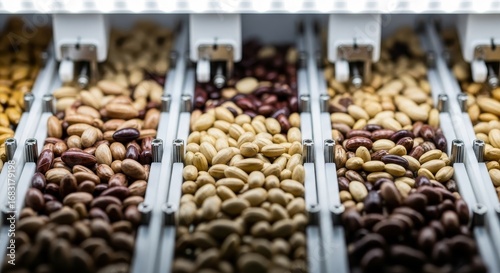 Variety of nuts and legumes displayed in bulk dispensers at organic market