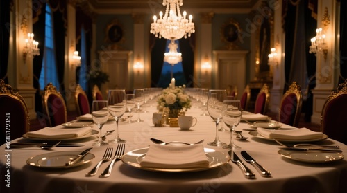 Formal dining table set in opulent palace