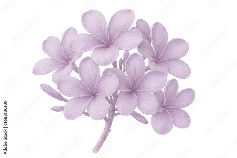 Obraz premium Delicate purple frangipani blossoms clustering softly, displaying gentle petals against pristine white backdrop with botanical elegance
