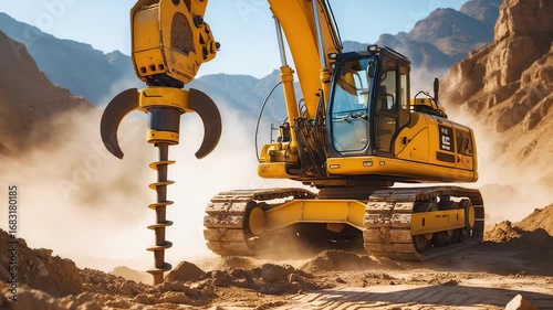 Heavy yellow excavator with large auger drill attachment working on rocky construction site in dusty mountain landscape under bright sunlight