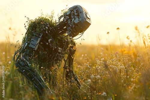 A damaged robot covered by blooming wildflowers lying still in the grass