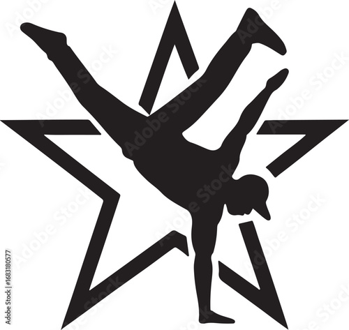 Breakdancer silhouette performing a handstand inside a star isolated on white background