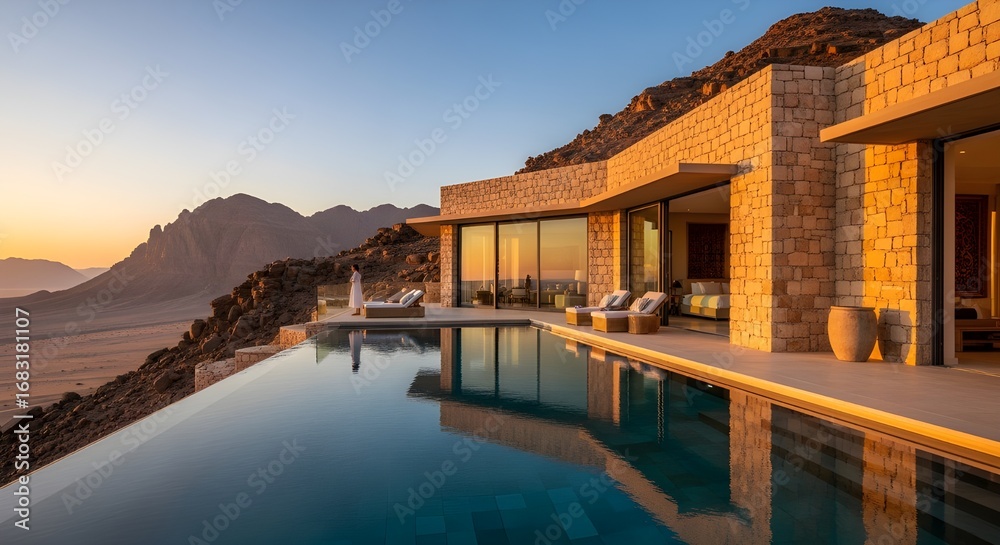 Obraz premium Stunning desert villa with infinity pool and mountain views at golden hour luxury escape