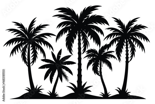 This black and white silhouette image displays a grouping of palm trees, set against a plain white background.