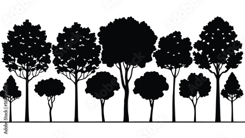 A horizontal image showcasing a collection of stylized tree silhouettes against a white background.