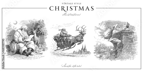 Set of traditional European Christmas scenes with Santa. Vintage engraving or ink drawing style vector illustration.