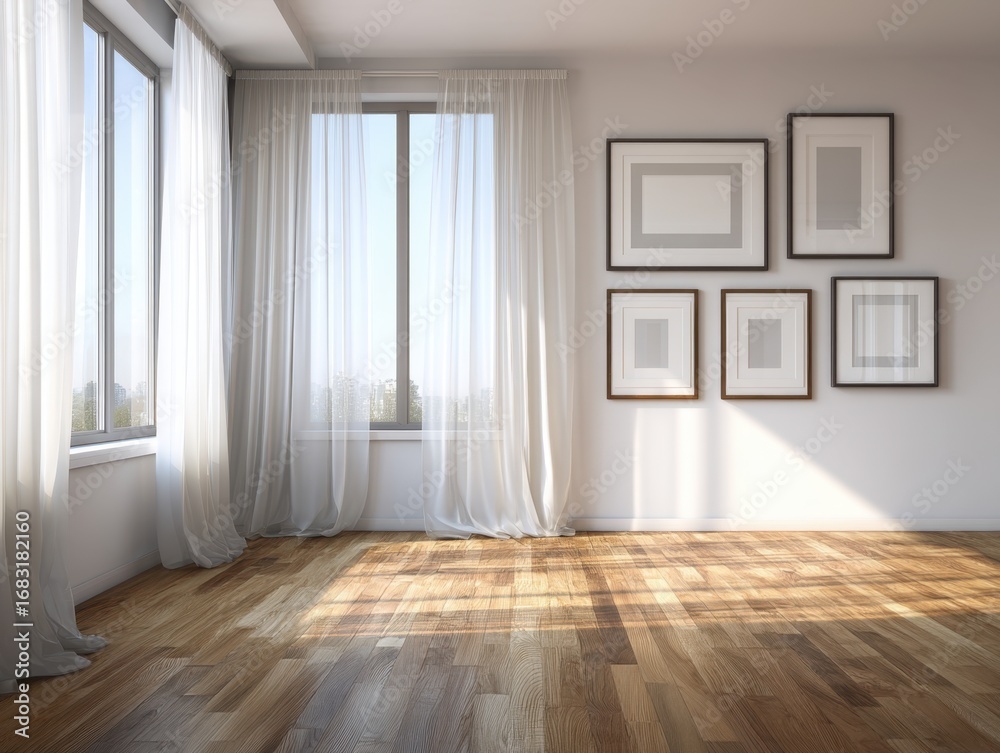 Fototapeta premium A room with a white wall and a wooden floor