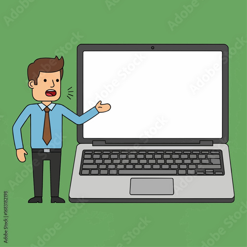Illustrated business character presenting information while gesturing towards a large, open laptop with a blank screen for custom content