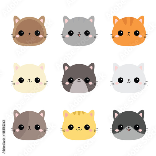 Cute cat round icon set. Kitten, kitty face. Different breeds, patterns, colors, emotions. Cartoon kawaii funny baby character. Sticker print. Kids collection. Flat design. White background. Vector