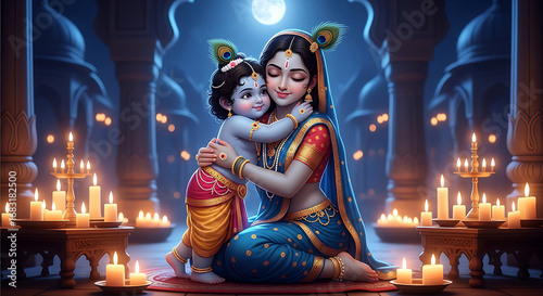 Mother and baby Krishna embracing with peacock feathers and candles