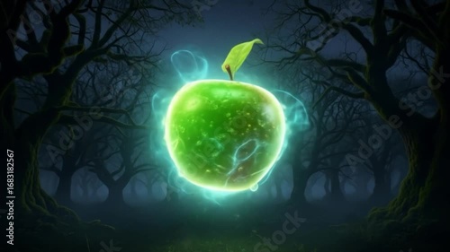 Enchanted Glowing Apple in Dark Forest Night Fantasy Art