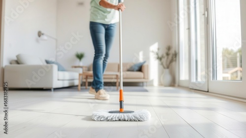 A woman washes the floor with a mop with a white nozzle. The emphasis on the cleaning tool makes the image relevant for advertising the service.