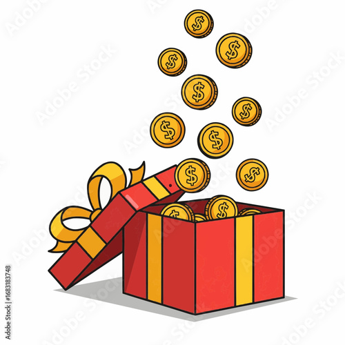A cartoon illustration of an open red gift box with a yellow ribbon, from which gold dollar coins are emerging and floating upwards.