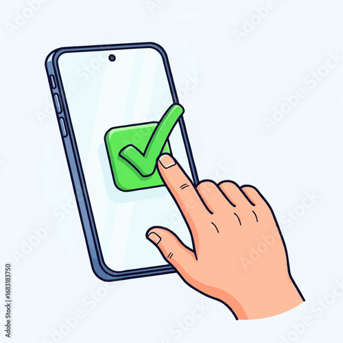 A hand taps a green checkmark icon on a smartphone screen, symbolizing approval, confirmation, or task completion.