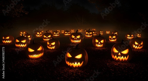 Spooky jack-o'-lanterns glow ominously in a dark forest setting on Halloween night