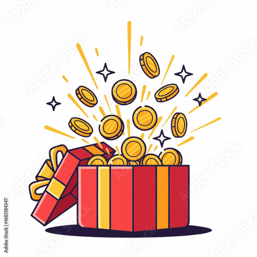 An open red gift box exploding with golden coins, a vibrant illustration symbolizing a surprise prize, jackpot win, or financial bonus