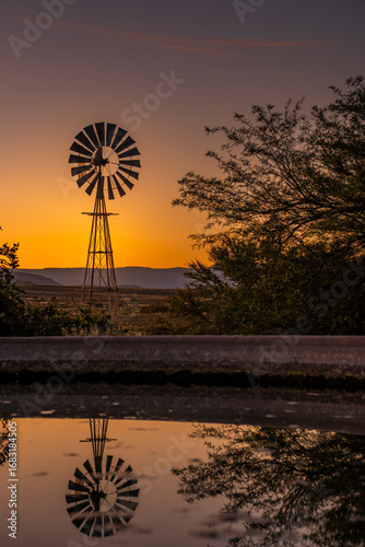 Windmill beside a tranquil farm dam reflects in water at sunset; Great Karoo, Western Cape, South Africa. Rural landscape with golden sky and iconic silhouette creates peaceful, atmospheric scene.
