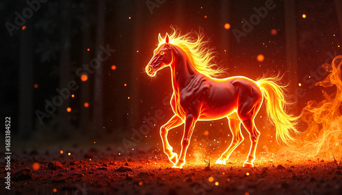 Fiery horse running through dark forest with glowing mane and tail  