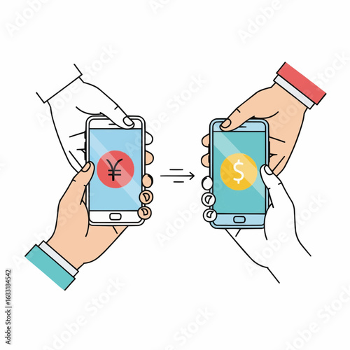 Illustration of hands holding smartphones for a mobile money transfer and currency exchange from Yen to Dollar.