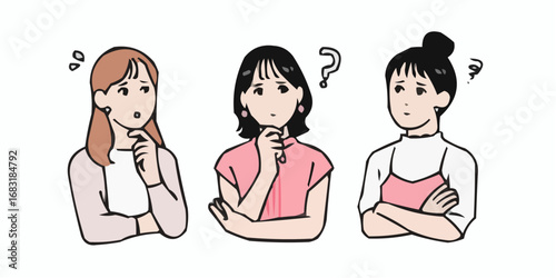 An illustration of three young women looking confused, thoughtful, and doubtful about a problem.