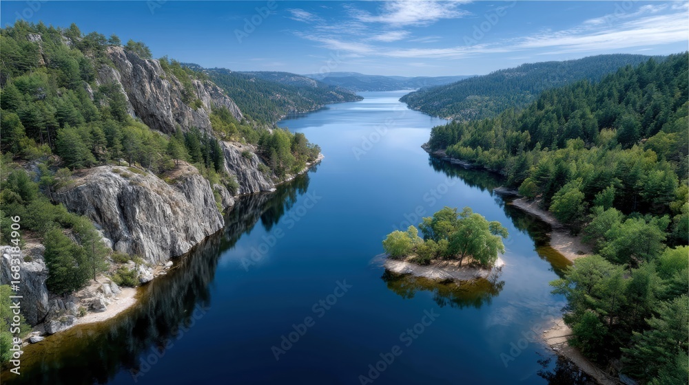 Fototapeta premium A Scenic Journey Through Nature's Majesty: A Wide-Angle Aerial View Over a Tranquil Fjord With Stunning Waterfalls and Majestic Mountains