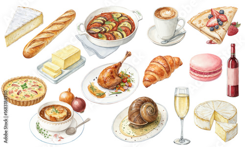 Watercolor Vector Set of Classic French Cuisine and Pastries — Cheese, Croissant, Ratatouille, Wine Clipart